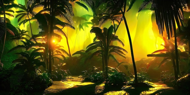 Palm neon forest jungle at sunset Unreal forest Beautiful neon fantasy landscape 3D illustration