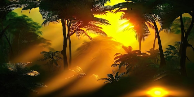 Palm neon forest jungle at sunset Unreal forest Beautiful neon fantasy landscape 3D illustration