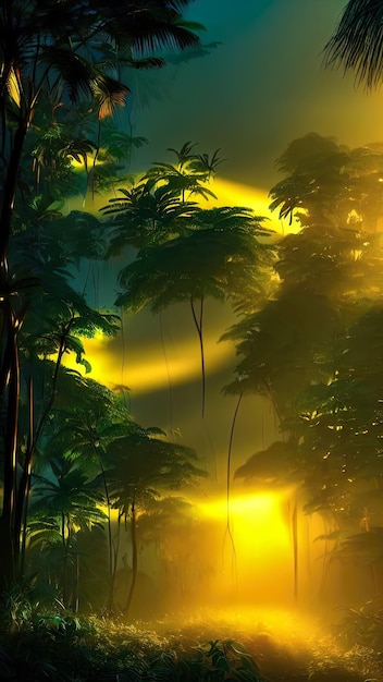 Palm neon forest jungle at sunset Unreal forest Beautiful neon fantasy landscape 3D illustration