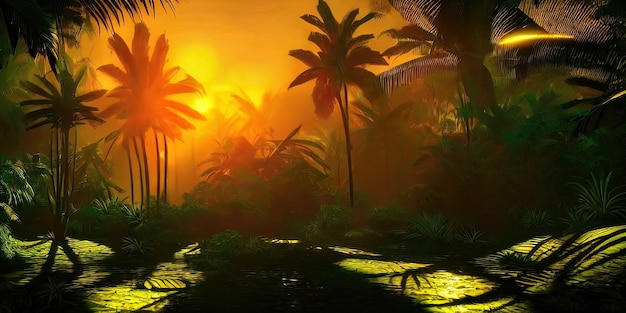 Palm neon forest jungle at sunset Unreal forest Beautiful neon fantasy landscape 3D illustration