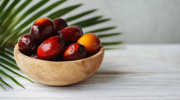 Palm Oil Fruits in Bowl on White Wooden Table Closeup