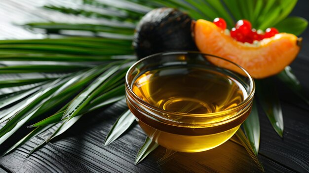 Photo palm oil in glass bowl with fruits and tropical leaf