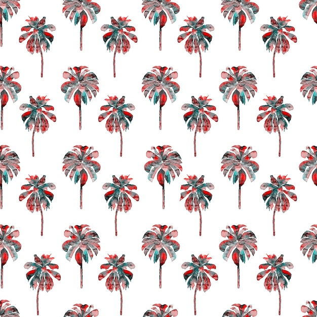 Palm Pattern. Exotic Watercolor Seamless Pattern. Hawaiian Tropical Print. Swimwear Design With Palm Trees. Exotic Leaves Rapport. Watercolor Botanical Seamless Background. Banana and Coconut Trees.