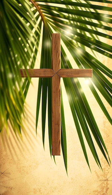 Palm sunday background Cross from palm leaves on vintage background isolated with white highlights