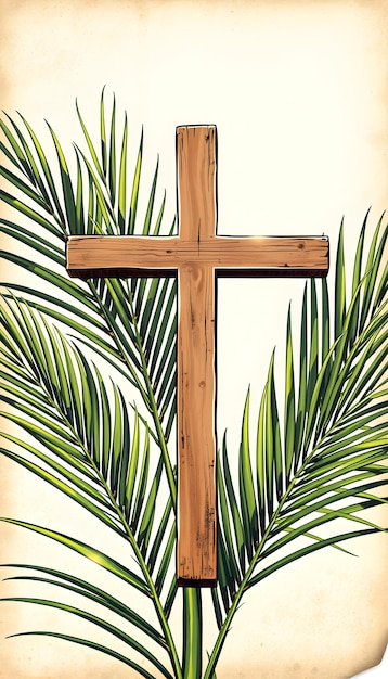 Palm sunday background Cross from palm leaves on vintage background isolated with white highlights