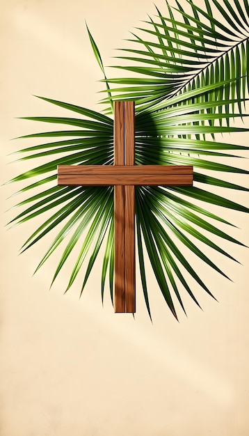 Palm sunday background Cross from palm leaves on vintage background isolated with white highlights