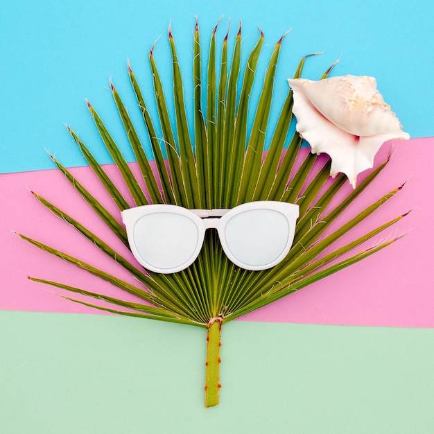 Photo palm and sunglasses. tropic sea style minimal