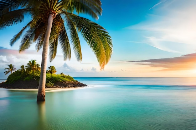 A palm tree on the beach in the evening