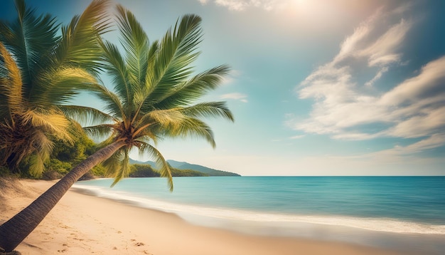 a palm tree on the beach in the morning