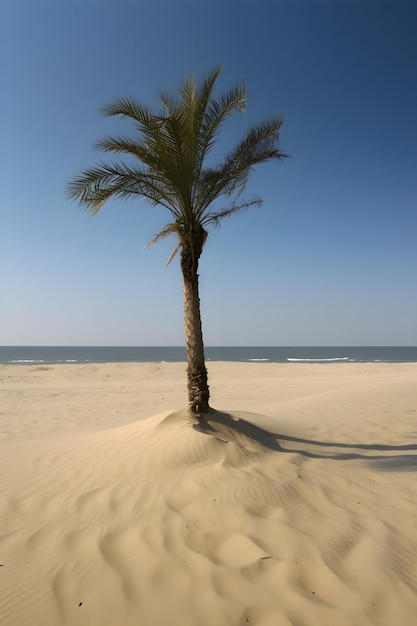 A palm tree on the beach in the sand