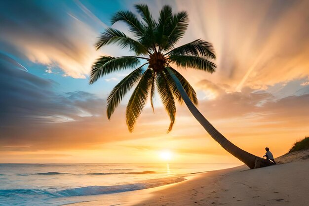 Palm tree on the beach at sunset