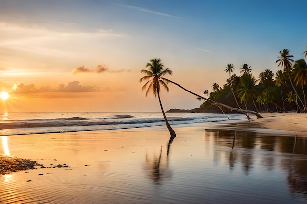 A palm tree on a beach at sunset