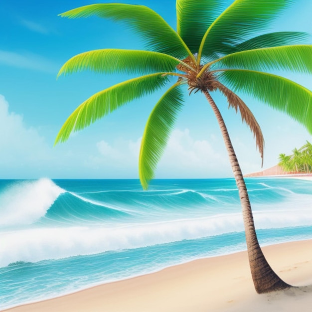 a palm tree on a beach with the ocean in the background