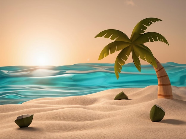 a palm tree on the beach with the sun setting behind it