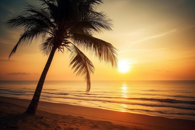 A palm tree on a beach with the sun setting behind it