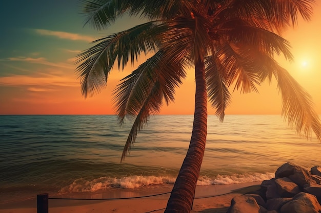 A palm tree on a beach with the sun setting behind it