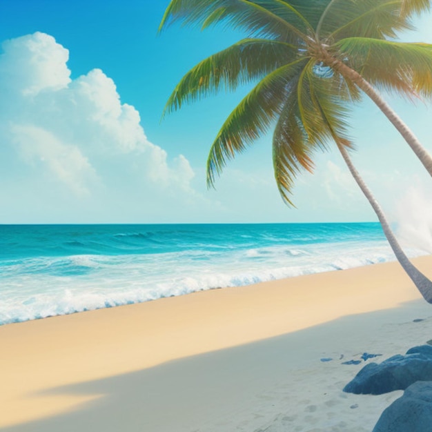 a palm tree on a beach with the sun shining on it