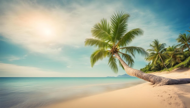 a palm tree on a beach with the sun shining through the clouds