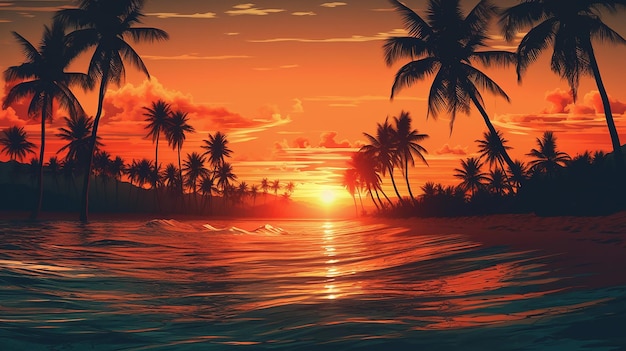 Palm tree on the beach with sunset on background generative AI