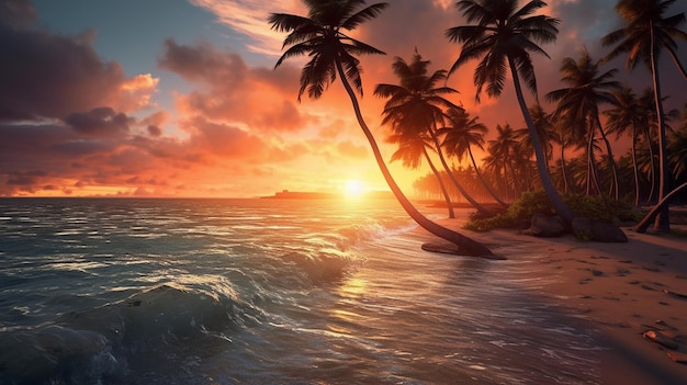 Palm tree on the beach with sunset on background generative AI