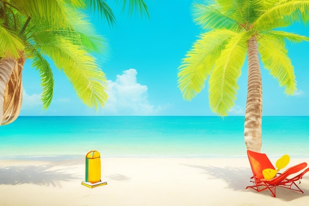 a palm tree on a beach with a yellow bag and a bag in the middle of it