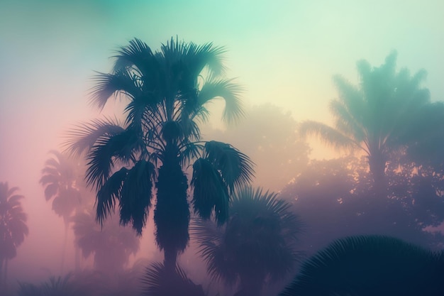 A palm tree in a foggy morning