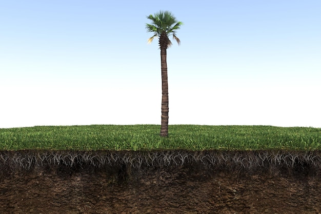 palm tree on the grass and a slice of soil under it, 3d render