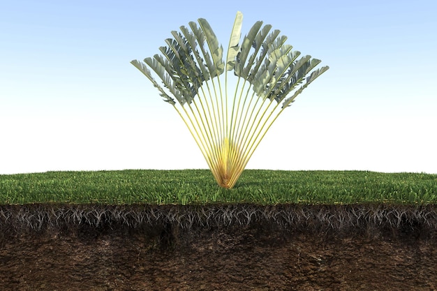 palm tree on the grass and a slice of soil under it, 3d render