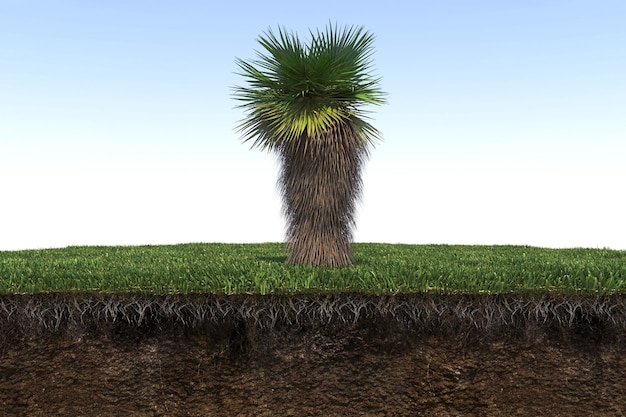 palm tree on the grass and a slice of soil under it, 3d render