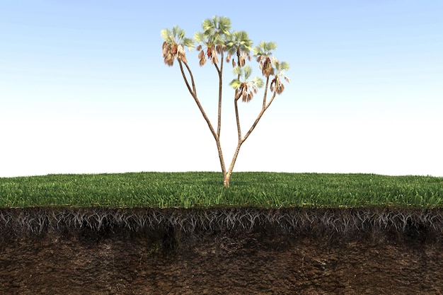 palm tree on the grass and a slice of soil under it, 3d render