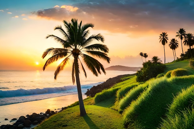 A palm tree on a hill with the sun setting behind it