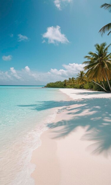 a palm tree is on the beach in the middle of the ocean