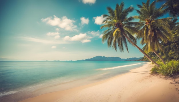 a palm tree is on the beach in the morning