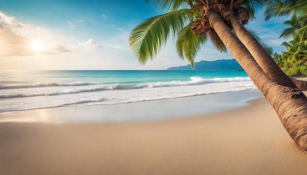 a palm tree is on the beach and the ocean is in the background