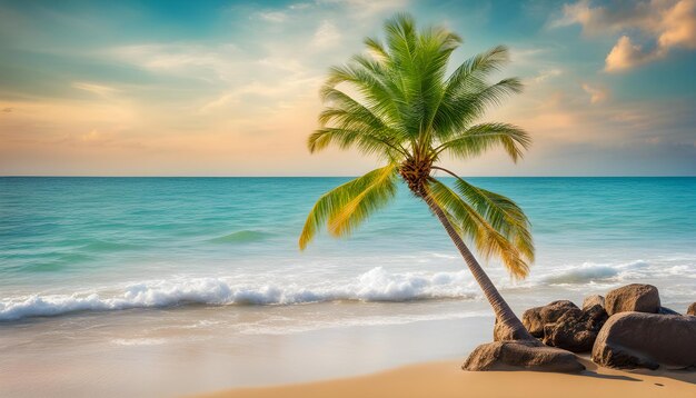 a palm tree is on the beach and the ocean is in the background