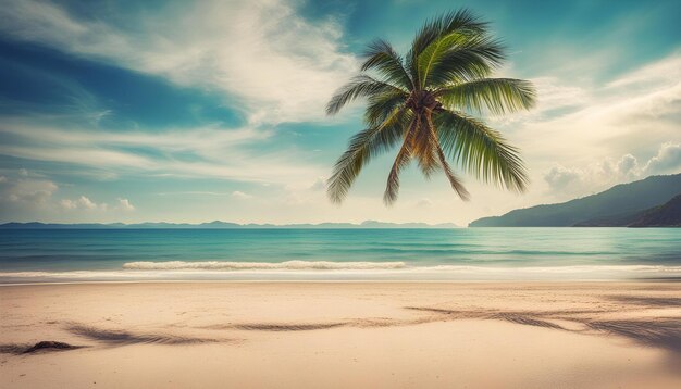 a palm tree is on the beach and the ocean is in the background