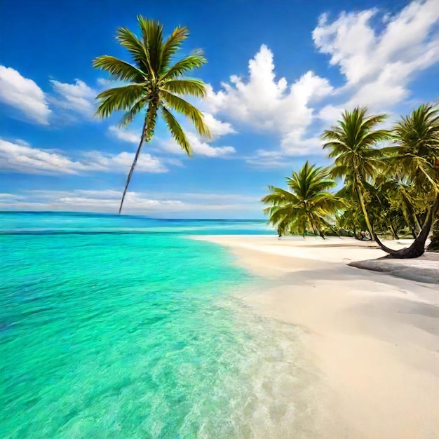 a palm tree is on the beach and the sky is blue