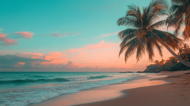 a palm tree is on the beach and the sky is pink and orange