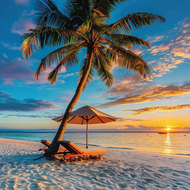 a palm tree is on the beach and the sun is setting