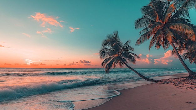 Photo a palm tree is on the beach and the sun is setting