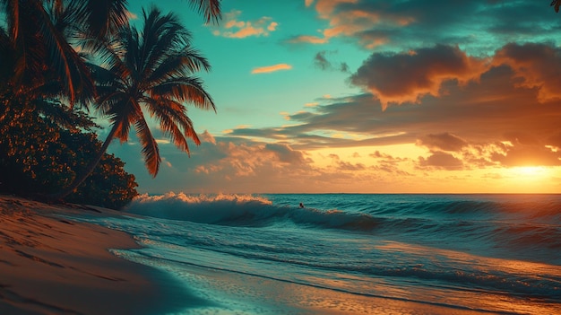 Photo a palm tree is on the beach and the sun is setting