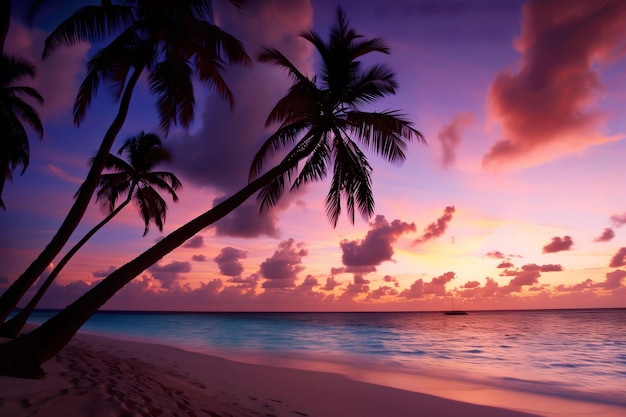 a palm tree is on the beach and the sun is setting