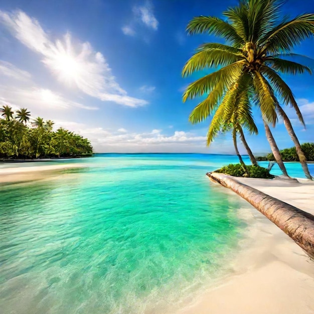 a palm tree is on the beach and the sun is shining through the clouds