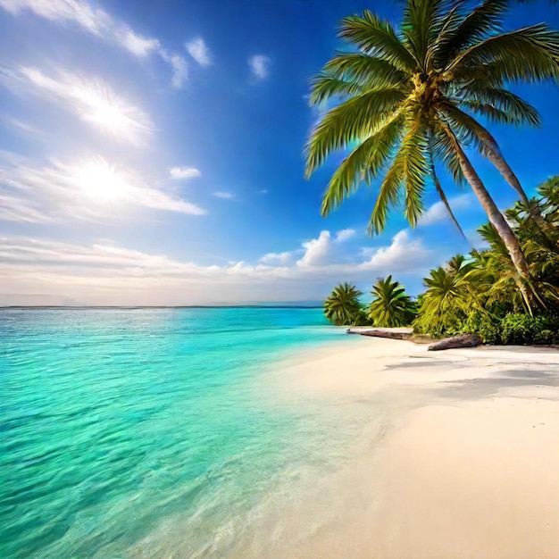 a palm tree is on the beach and the sun is shining on the water