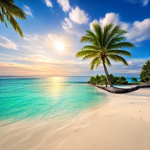 a palm tree is on a beach with a hammock