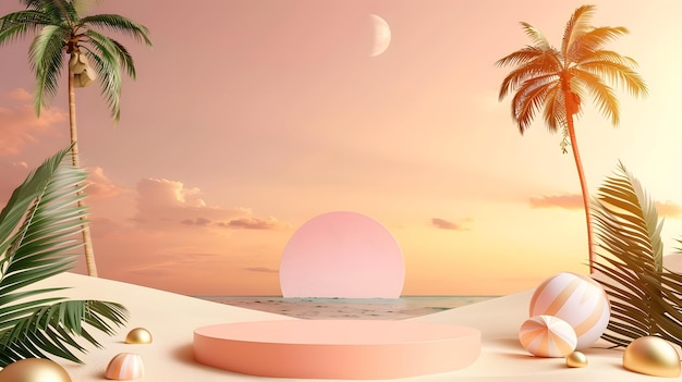 a palm tree is on the beach with a pink ball in the middle