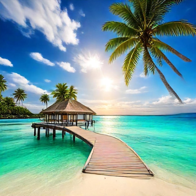 a palm tree is over a boardwalk that is in the water