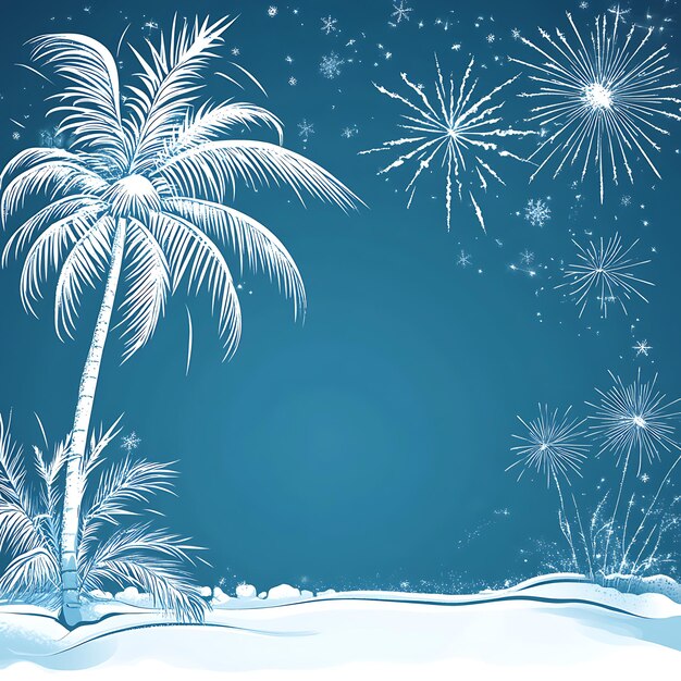 a palm tree is covered in snow with fireworks in the background