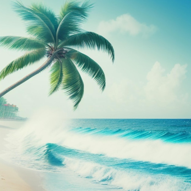 a palm tree is in the foreground of a beach scene