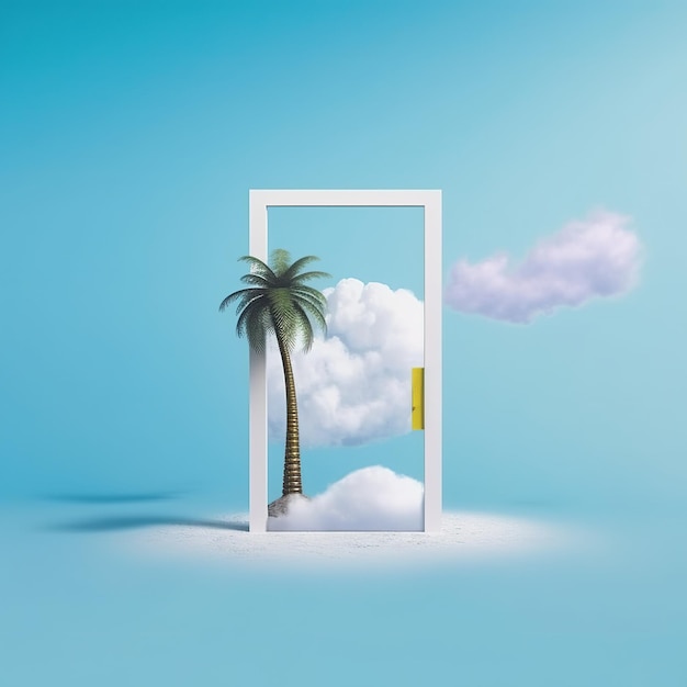 A palm tree is in a frame with a cloud on it.